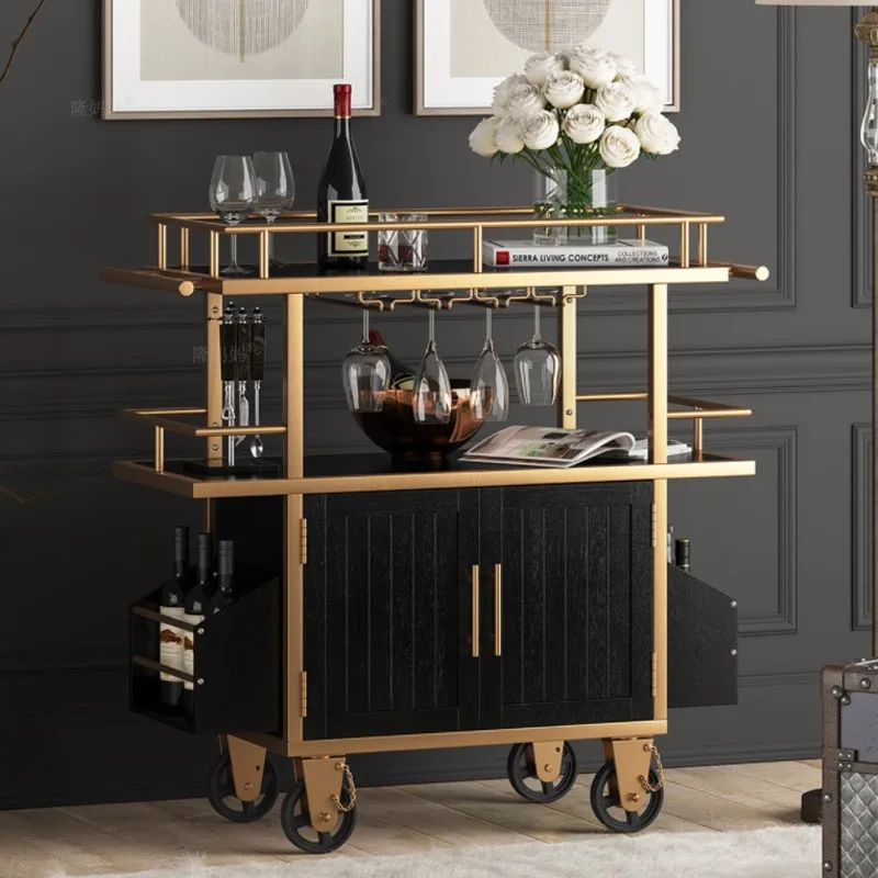 Retro metal solid wood dining cart red wine trolley industrial French three-layer storage goblet mobile bar loft