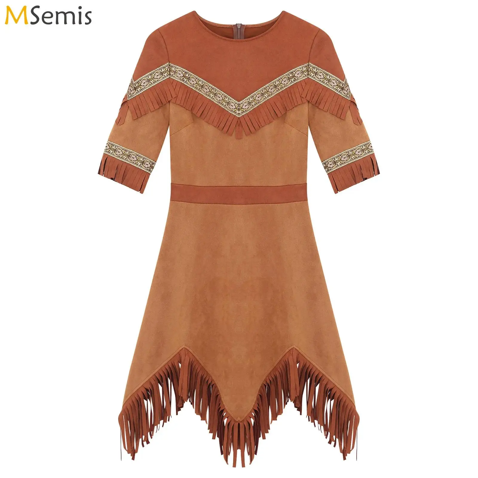 

Women Ancient Greek Warrior Native Indian Princess Cosplay Performance Costume Tassels Woven Tape Trimming Zipper Huntress Dress