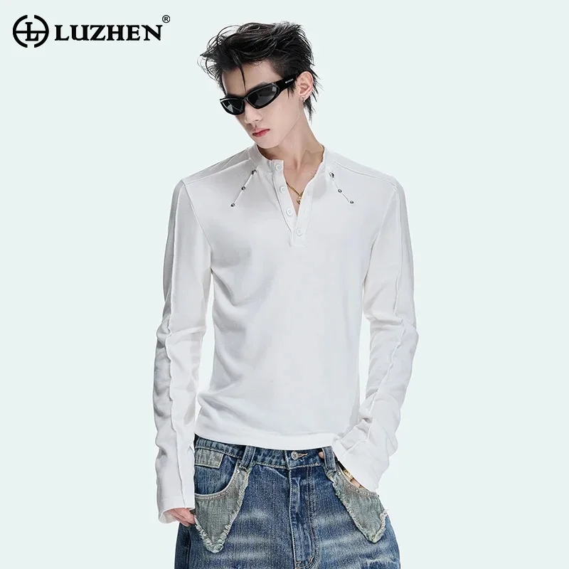 LUZHEN 2026 New Original Rivet Metal Decorate Buttoned V-neck Long Sleeve T-shirts Men's Fashion Handsome Cotton Clothes JY8196
