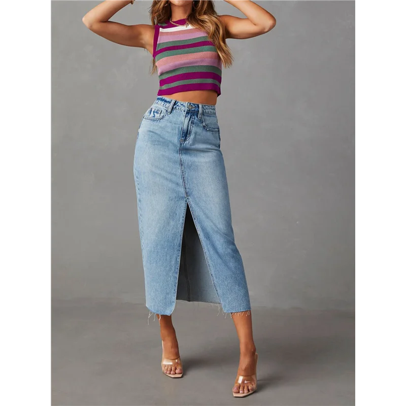 

【SEE】Women's Jean Skirt Stretch High Waisted Frayed Raw Hem A Line Denim Midi Skirt With Pockets