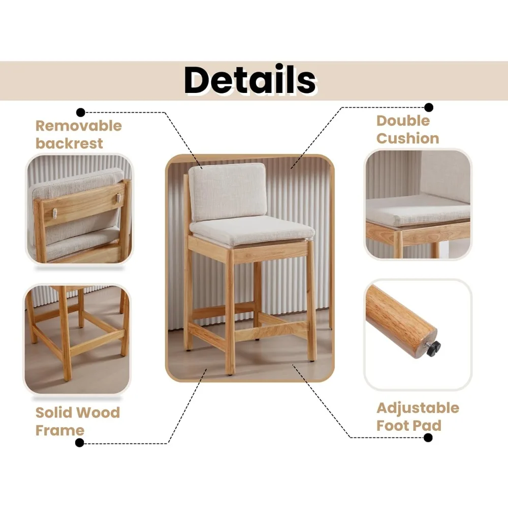 Conjunto de bancos de bar com altura de balcão de 2 bancos de bar de fazenda com encosto moderno de meados do século com pernas de madeira natural