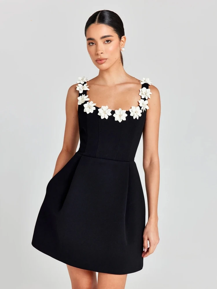 Sexy Straps Appliques Flower A-line Mini Bandage Dress Women Black Sleeveless Square Neck Floral Slim Drresses Elegant Celebrity