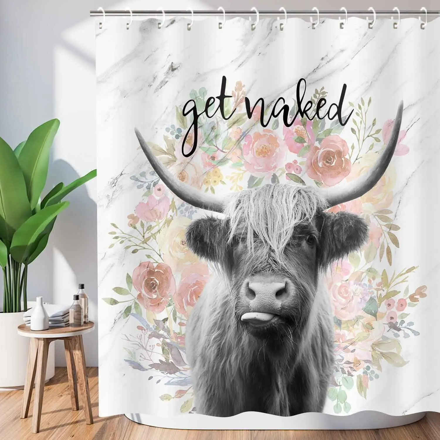 

Забавная занавеска для душа Highland Cow, занавеска для душа Get Naked Cow с крючками, цветочная корова крупного рогатого скота на мраморной ткани для ванной комнаты