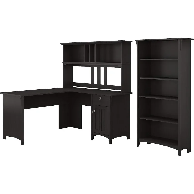 Salinas Escritorio en forma de L de 60 W con aparador y librería de 5 estantes en negro vintage