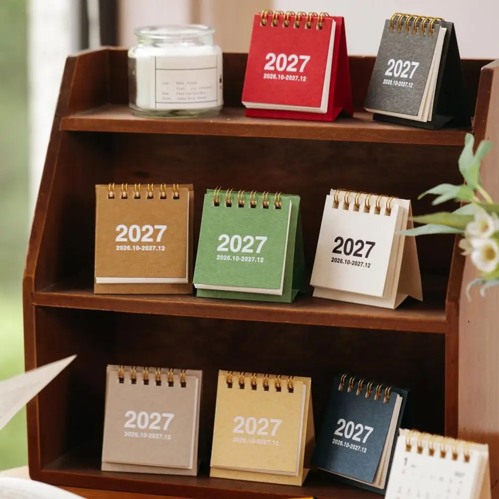 Mini Desk Calendar 2027 Gold Twin Binding Desk Calendar 2026-2027 Mini Desk Calendar 14-month Desktop Flip with Twin-wire