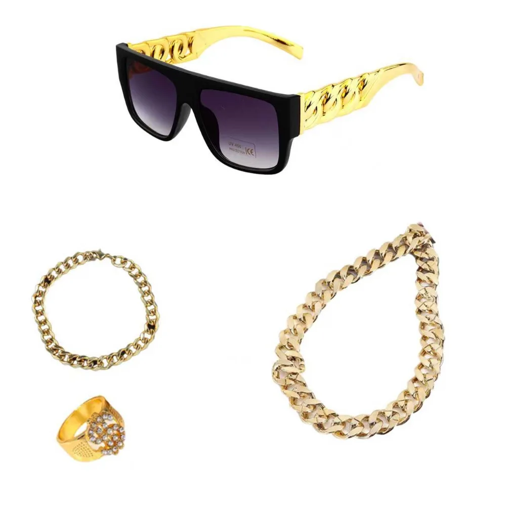 PESENAR 80s 90s Accessories Outfit for Men Hip Hop Costume Kit Old School Rapper Sunglasses Faux Gold Rop