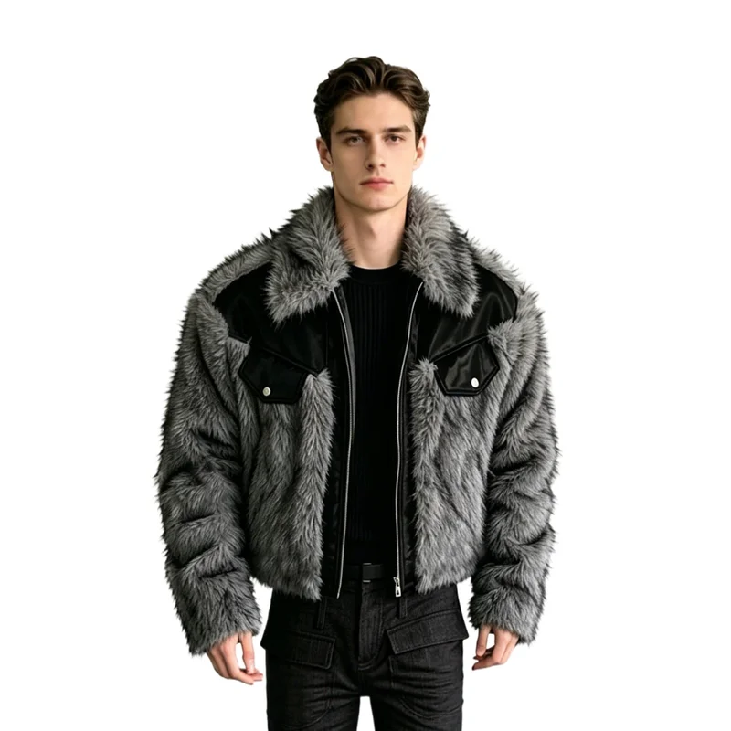 Men's Fashion Faux Fur Parkas With Patchwork Luxury Fur Overcoat Cotton Padded Thick Thermal Jacket Outerwear Coat For Male
