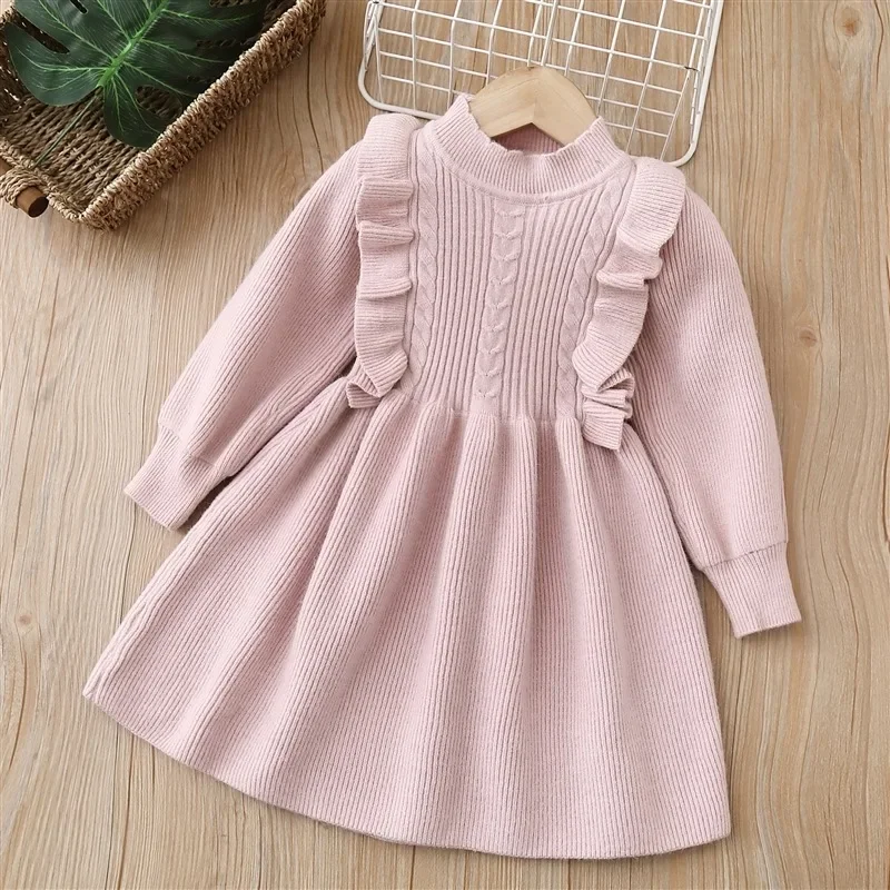 Girls Casual Dresses 2024 Winter New Collection Girls Woolen Dress Sweet  Dress Velvet Knitted Solid Color Soft Skirt