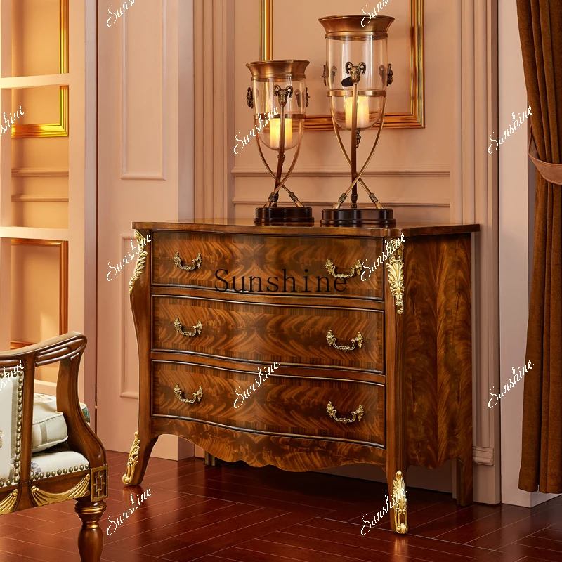 Neoclassical solid wood three-bucket cabinet, living room drawer storage cabinet
