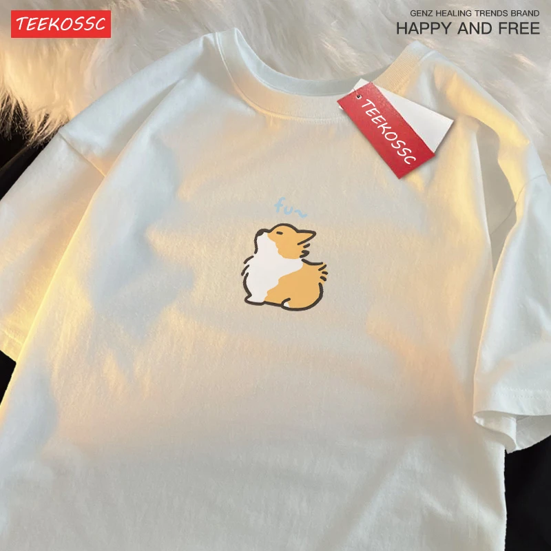 Hair Dryer Corgi Chest Logo Small Label Fashion Pure Cotton Short Sleeve T-shirt Men Women Cute Funny Cute Original Half Sleeve