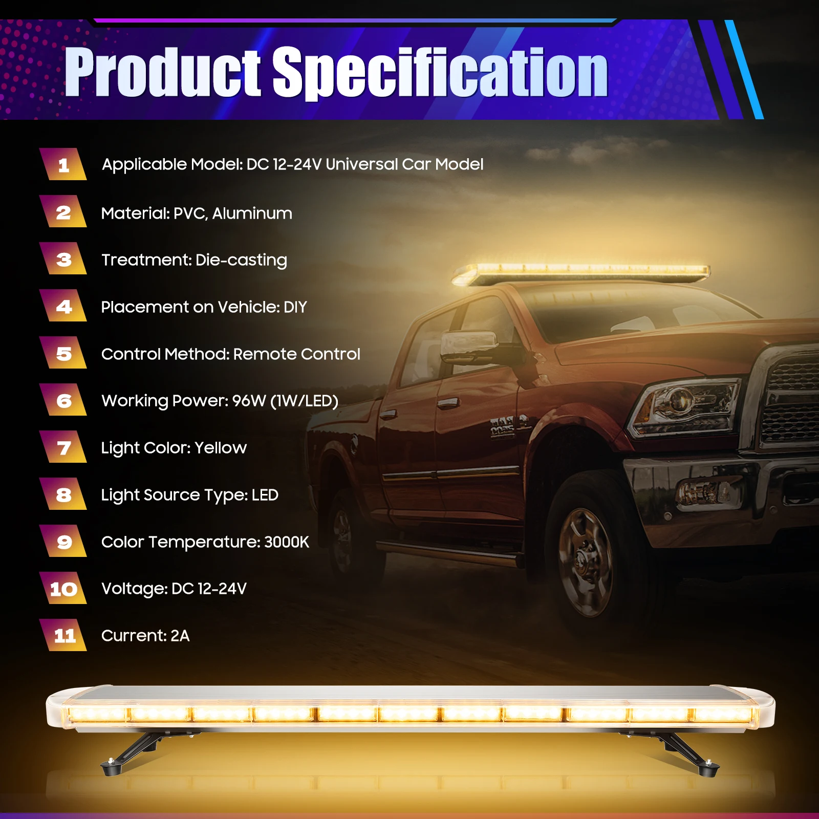 LED Flashing Light Strip Emergency Beacon Warn LED Amber Strobe Light Bar Tow Truck Response Emergency Backup Light Strip
