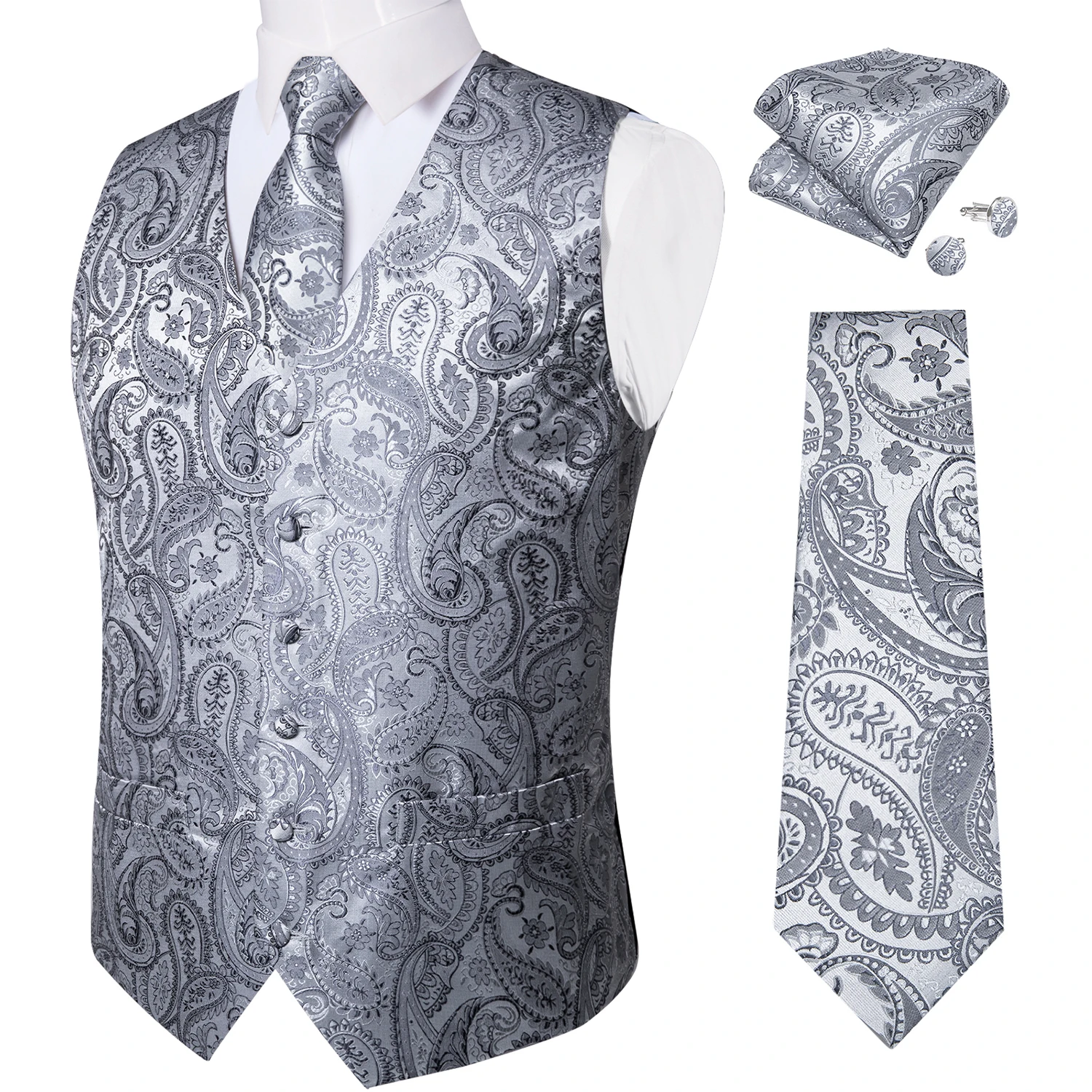 Suit Vest Neck Tie Set Silver Color Black Red Paisley Men\'s Wedding Prom Silk Polyester Waistcoat Elegant Sleeveless Jacket