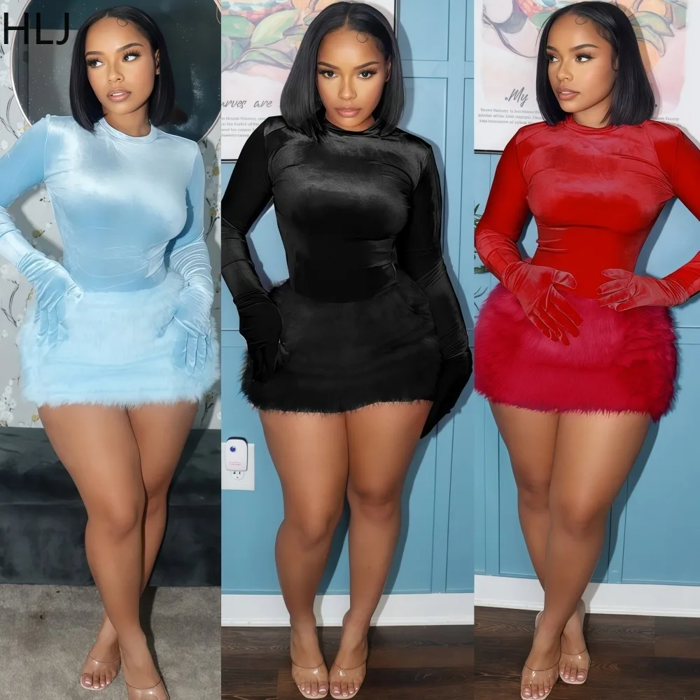 

HLJ Autumn New Sexy 2 Piece Sets Woman Outfit Solid Color Long Sleeves Bodycon Playsuits + Fur Patchwork Skirt Female Streetwear