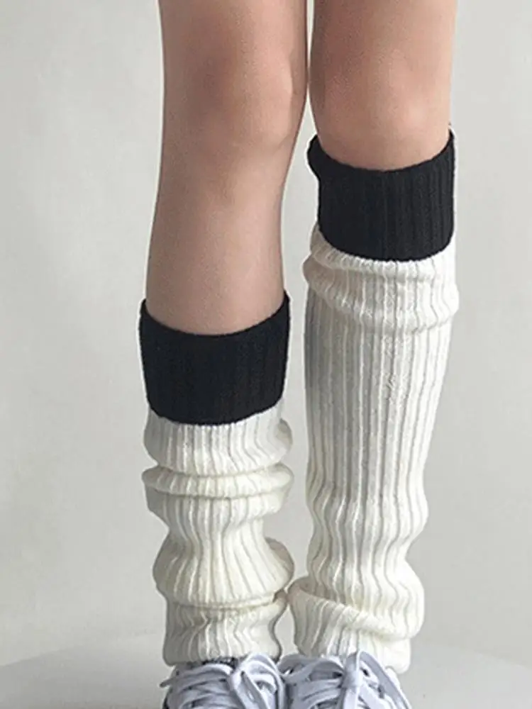 1 Pair Women Knitting Stretchy Leg Warmer Autumn Winter Lolita Contrast Color Thermal Long Socks Foot Cover Cute Girl Stockings