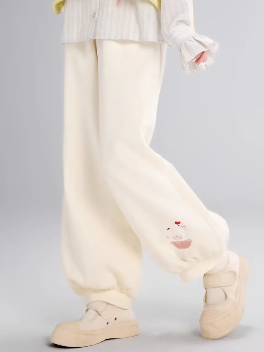 和菓子ロリータレディースハイウエストコーデュロイピンクパンツラブグース刺繍ワイドレッグパンツ Y2k ルーズかわいいかわいいズボン