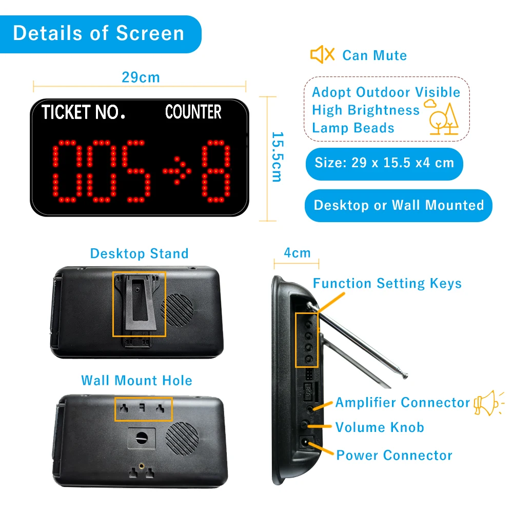 Take A Number Machine Wireless Queue Number Calling System 1 Counter Display with 3 Next Call Buttons for Restaurant Hospital