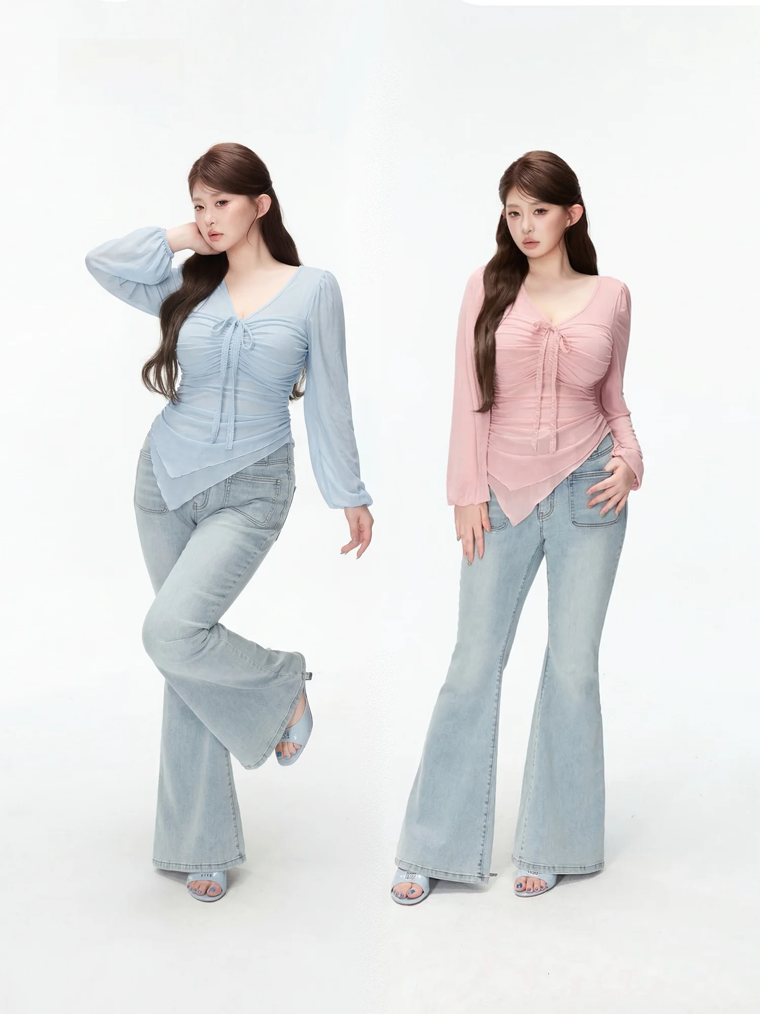 

Женская трикотажная кофта с рукавами-фонариками и декором в виде лепестков, ультра-скрывающая недостатки фигуры, модель "Lotus Fog Tee", приталенная, с длинными рукавами, укороченная, с поясом.