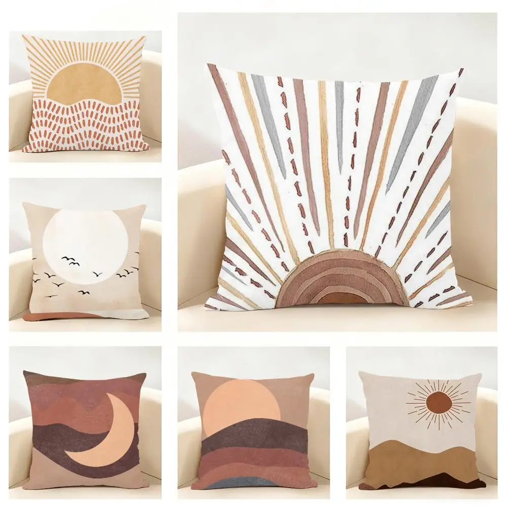 Elegant Morandi Color Matching Abstract Sun Moon Cushion Cover Linen Minimalist Soft  for Sofa Bed Home Room Decor