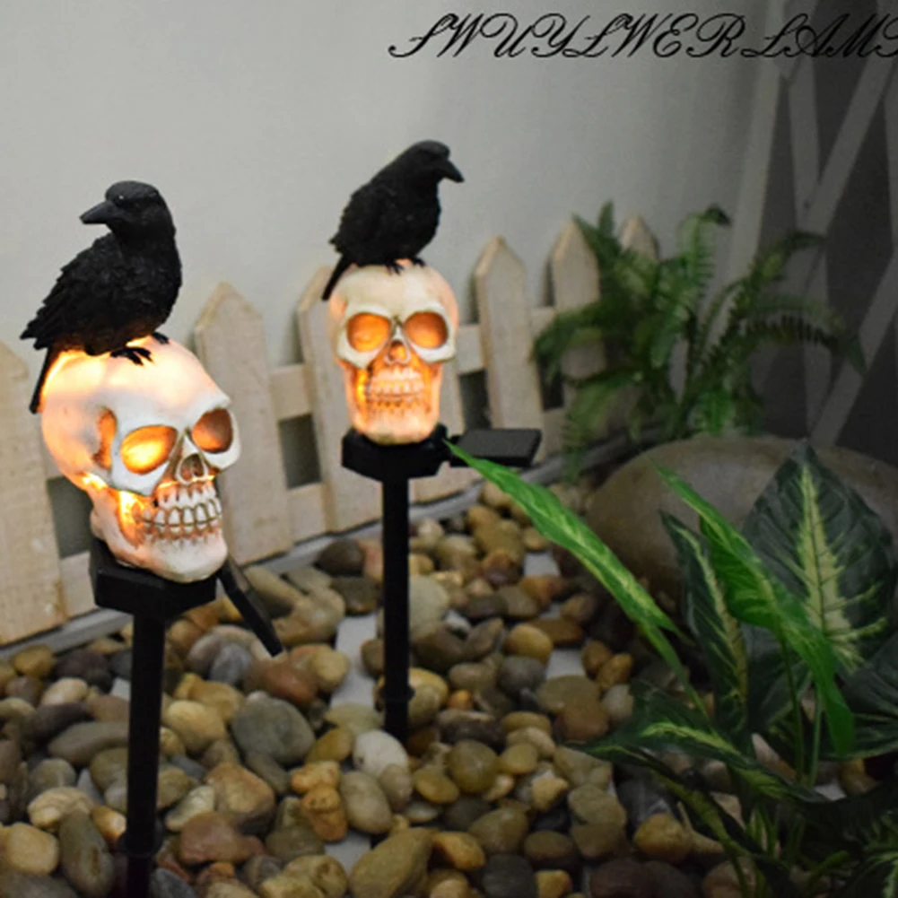 Halloween Decorations Outdoor Solar Scary Skull Lights, Realistic Skeleton Crows Solar Walkway Lights Waterproof Garden Lights