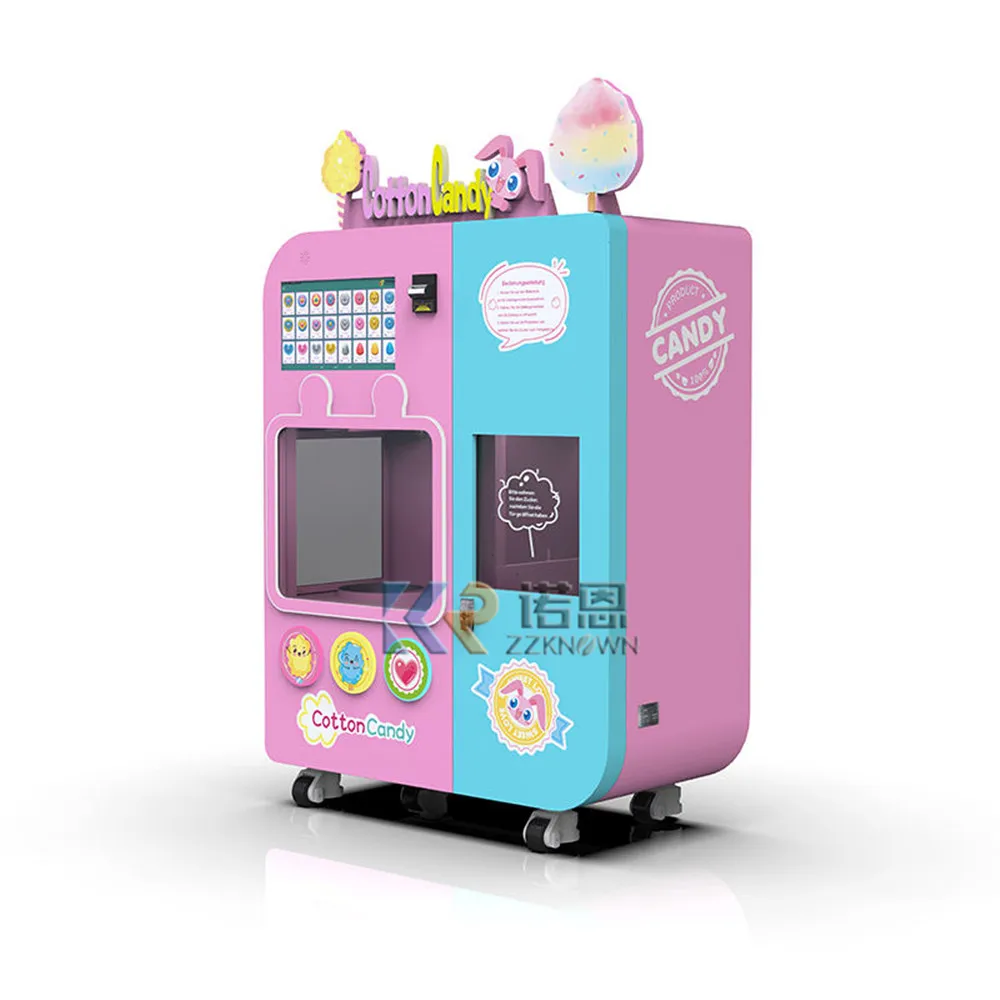 คุณภาพสูงเชิงพาณิชย์เมฆที่มีสีสันม้วนไหมขัดฟันสีชมพูดอกไม้อัตโนมัติ Cotton Candy ทําเครื่องหยอดเหรียญ