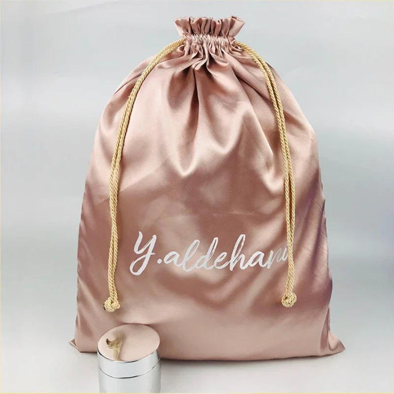 

Silk Satin Packaging Bag Extenssions HandBag Beauty Gift Shoes Travel Organizers Drawstring Pouch Rosegold Custom Logo 50pcs