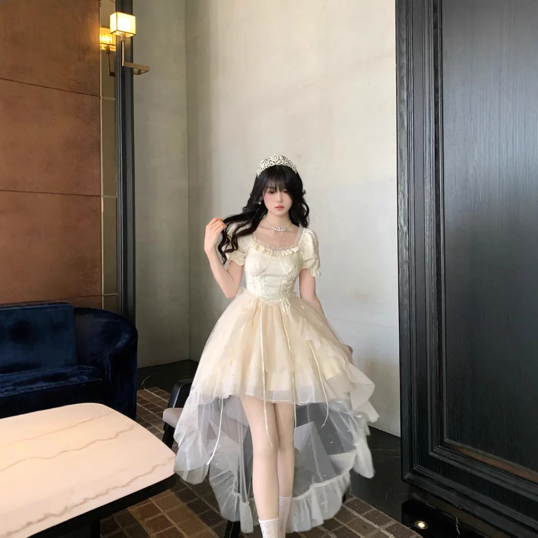 

Sweet Japanese Elegant Dress Women Mesh Patchwork Sexy Princess Mini Dress Female 2025 Summer Casual Elegant Party Dresses