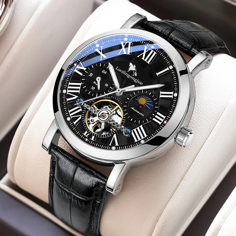 ساعة توربيون ميكانيكية أوتوماتيكية بالكامل، ساعة مضيئة مقاومة للماء على شكل قمر متعددة الوظائف للرجال، ساعة ميكانيكية أوتوماتيكية فاخرة للرجال، عصرية، كاجوال ومتعددة الاستخدامات، تصميم مجوف، مناسبة للارتداء اليومي للرجال، لا يتطلب بطاريات
