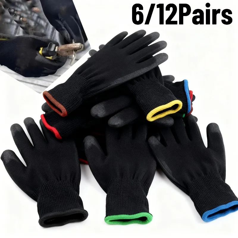 6/12Pairs المغلفة النايلون بولي قفازات قفازات العمل سميكة حماية اليد إصلاح البستنة لوازم مصنع العمل الميكانيكي