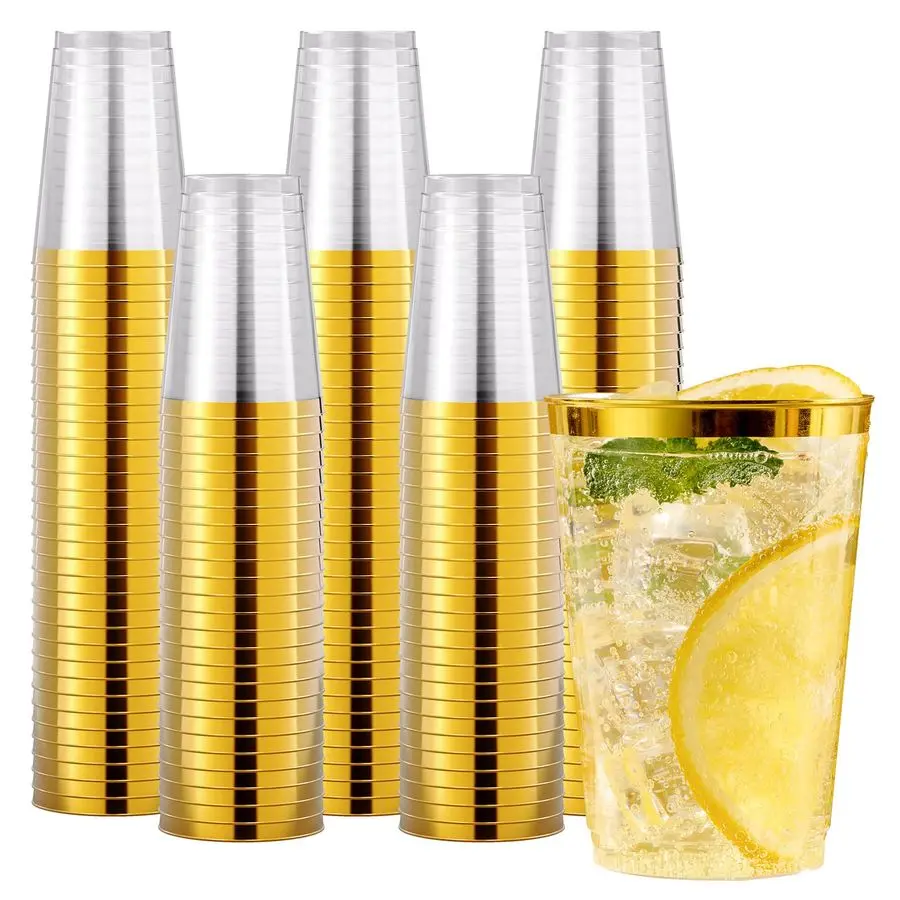

200 Pack 12 oz Gold Plastic Cups Elegant Gold Rimmed Disposable Cups HeavyDuty Party Cups for Wedding, Thanksgiving, Christmas P