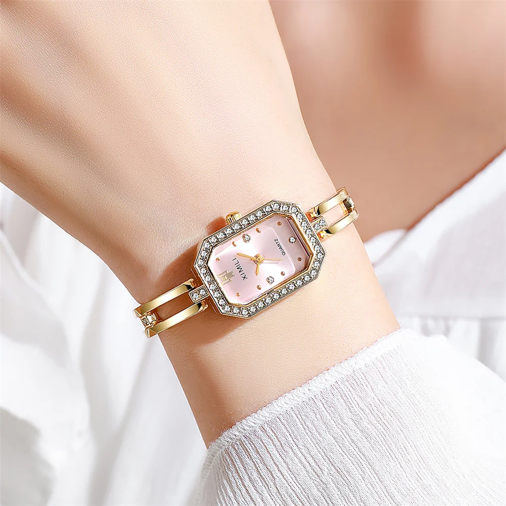Luxe Strass Vrouwen Horloges Elegante Rechthoek Roestvrij Staal Gouden Armband Dames Quartz Horloge (Zonder Doos)