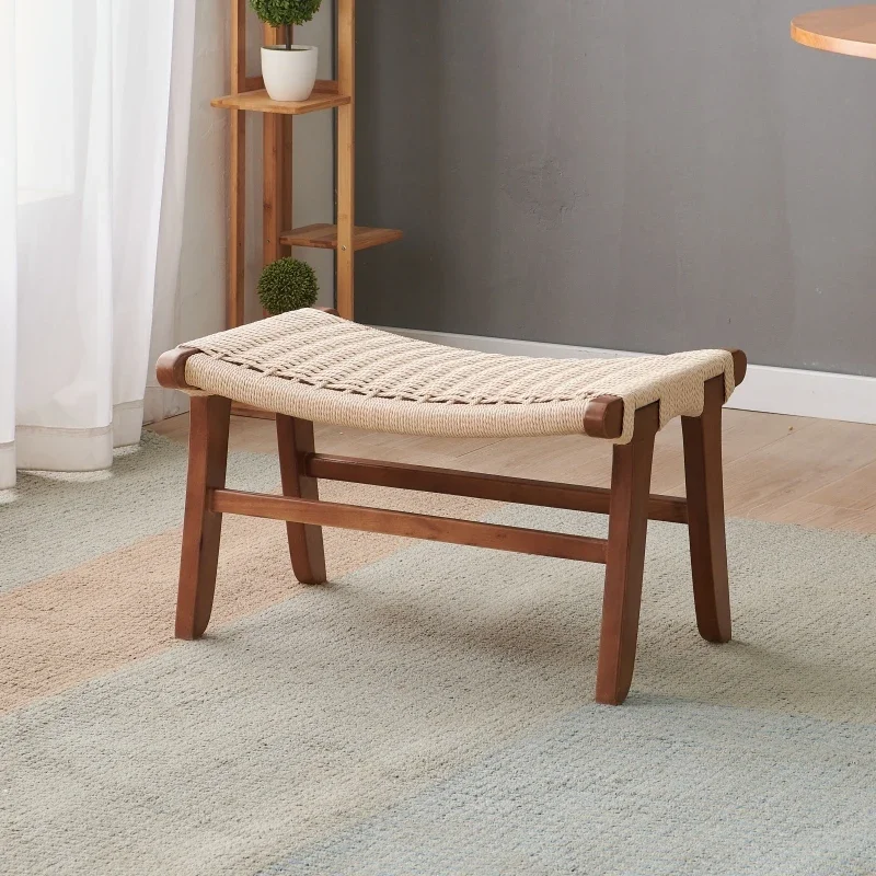 Nordic Modern Foot Seat Solid Wood Rope Weaving Shoe Bench Multi Functional Bed End Stool Stable Load Bearing Hallway Ottoman