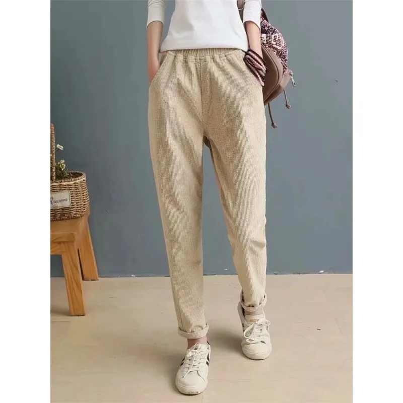 

Winter Fall New Fashion Women Corduroy Vintage Pants Japan Style Elastic Waist Solid Color Simple Loose Versatile Trouser J225