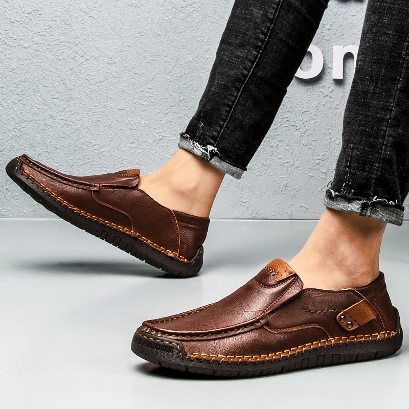 Novo couro genuíno sapatos casuais masculinos feitos à mão estilo sapatos confortáveis mocassins masculinos respirável mocassins tênis