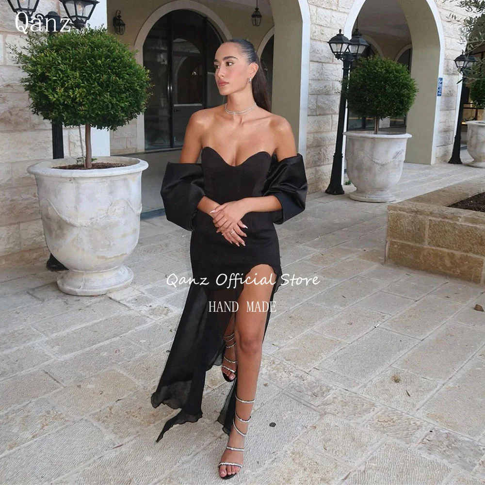 

Qanz Dubai Black Prom Dresses Short Slit Satin with Bow Birthday Dress Women 2024 Special Event Abiti Da Cocktail Customized