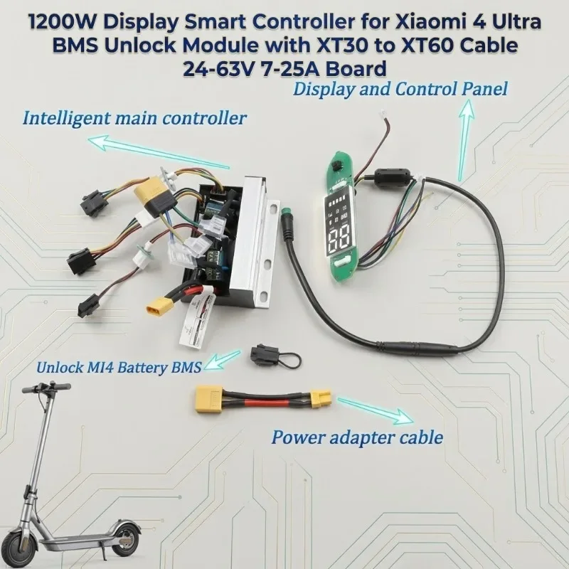 

Контроллер Smart Display 1200W для Xiaomi4 Ultra, модуль разблокировки BMS с кабелем XT30-XT60, плата 24-63В 7-25А