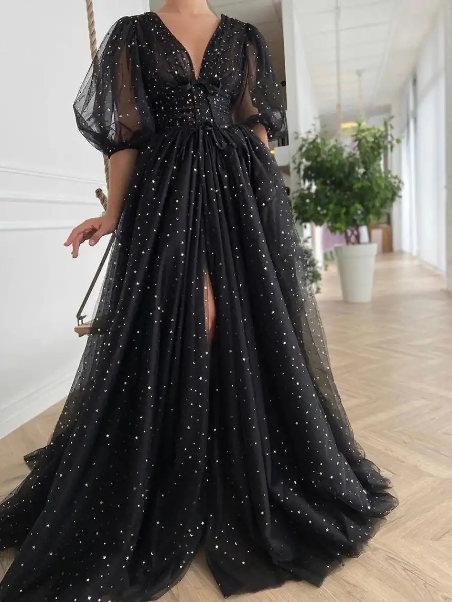 

Luxury Evening Dresses 2024 Black Sequined Bling Sparkly Long V Neck Front Slit 3/4 Puffy Sleeves Prom Gowns Formal Party Dress