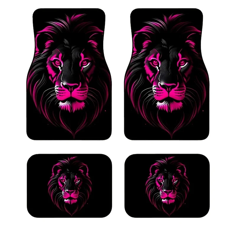 4pcs Neon Lion Head Car Floor Mats | Durable Polyester, Universal Fit For Cars, Trucks, And SUVs - Ideal Gift For New Year, Chri