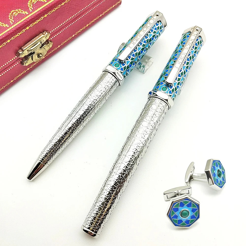 

AGD Heptagon S-Dumont CT Blue & Green Mosaic Pattern Flower Luxury Roller Ball Pen Silver Trim With Serial Number Writing Smooth