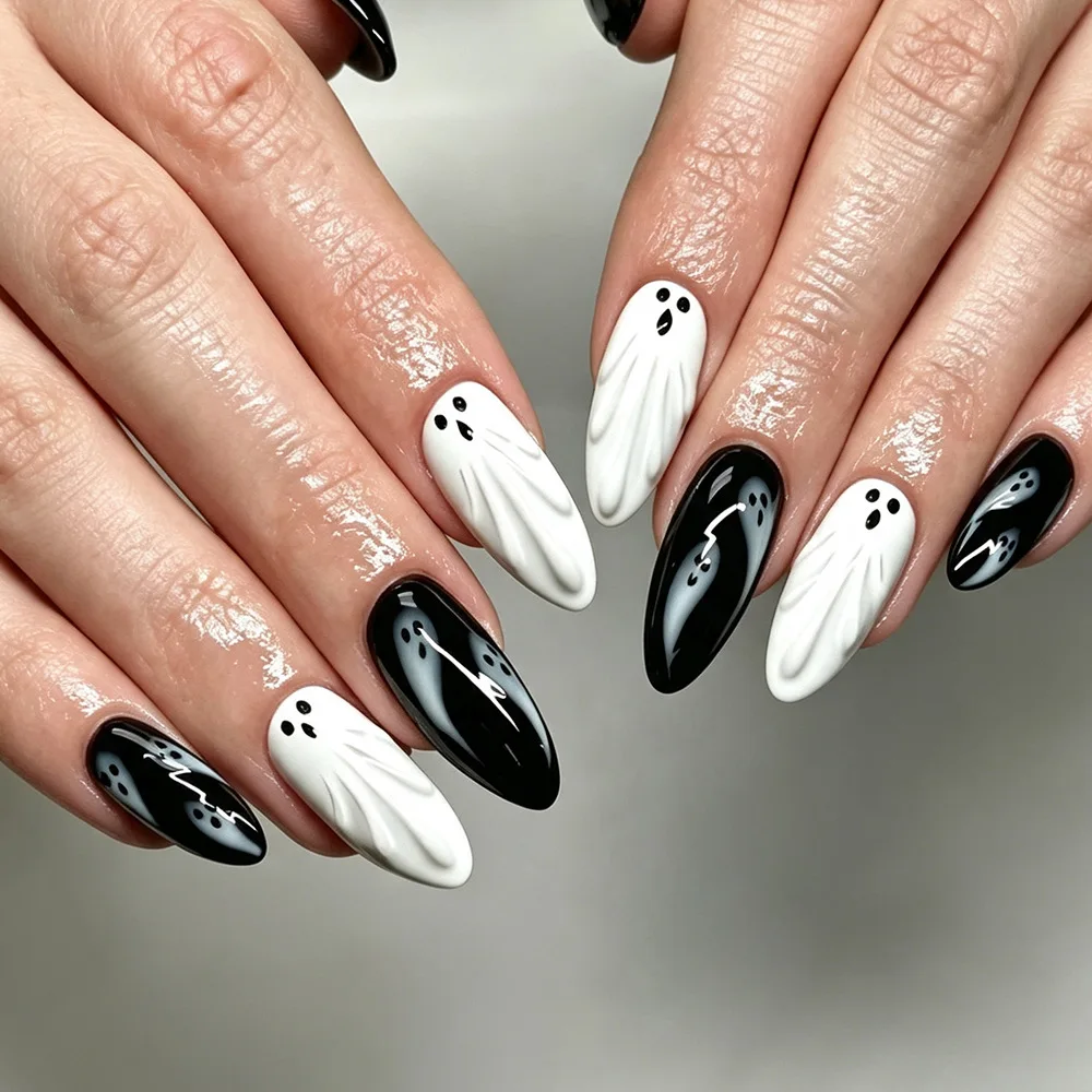 Halloween Spider Fake Nail Patch Printed French Coffin Ballet Fake Nail Wearable Full Cover Artificial Nail Tips Press on Nails