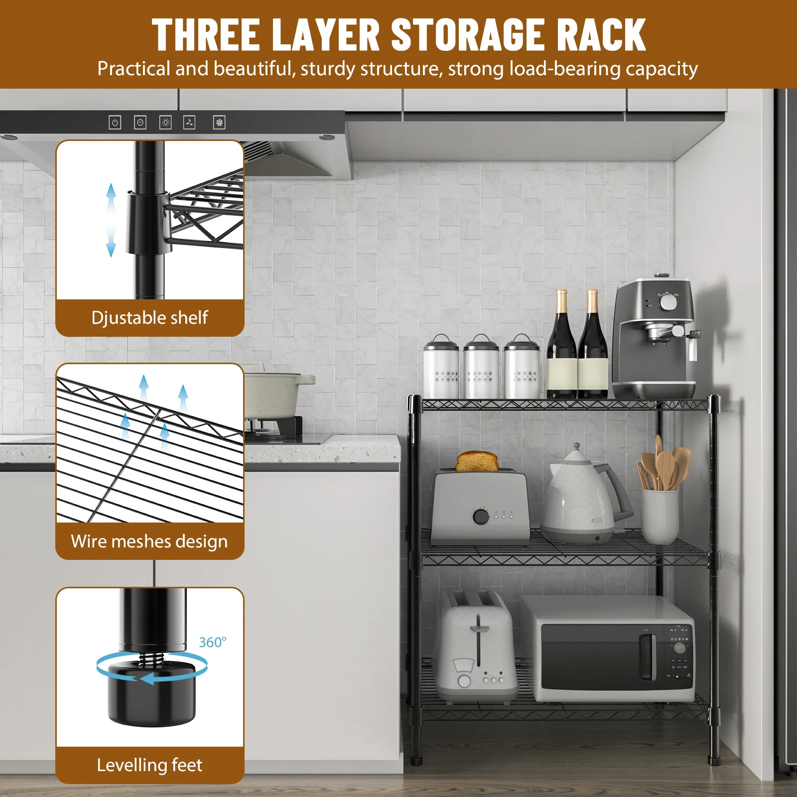 رف معدني قابل للتعديل مكون من 5 طبقات مع أقدام تسوية، رف تخزين فولاذي للمطبخ والحمام والشرفة وغرفة المعيشة #5