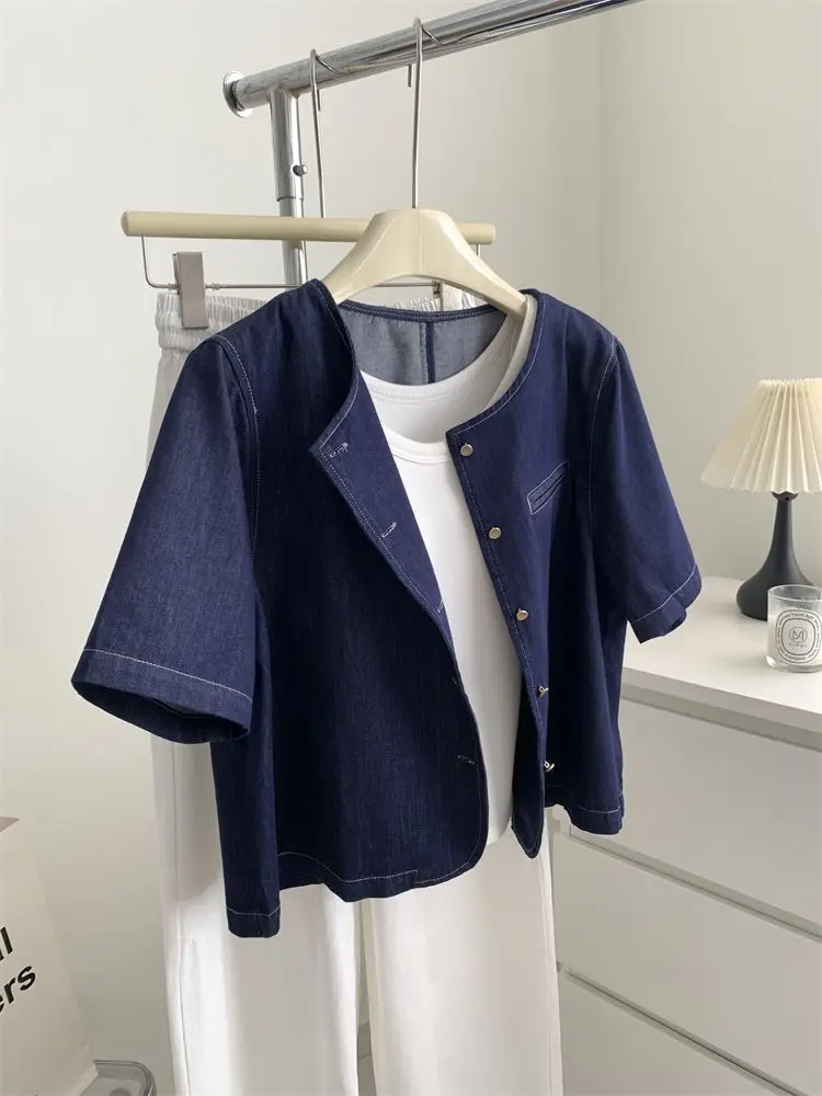

plus Size Women's Retro Denim Short Sleeve Shirt Summer Thin Loose Casual Short Style Open Cardigan Top Korean Style Commute