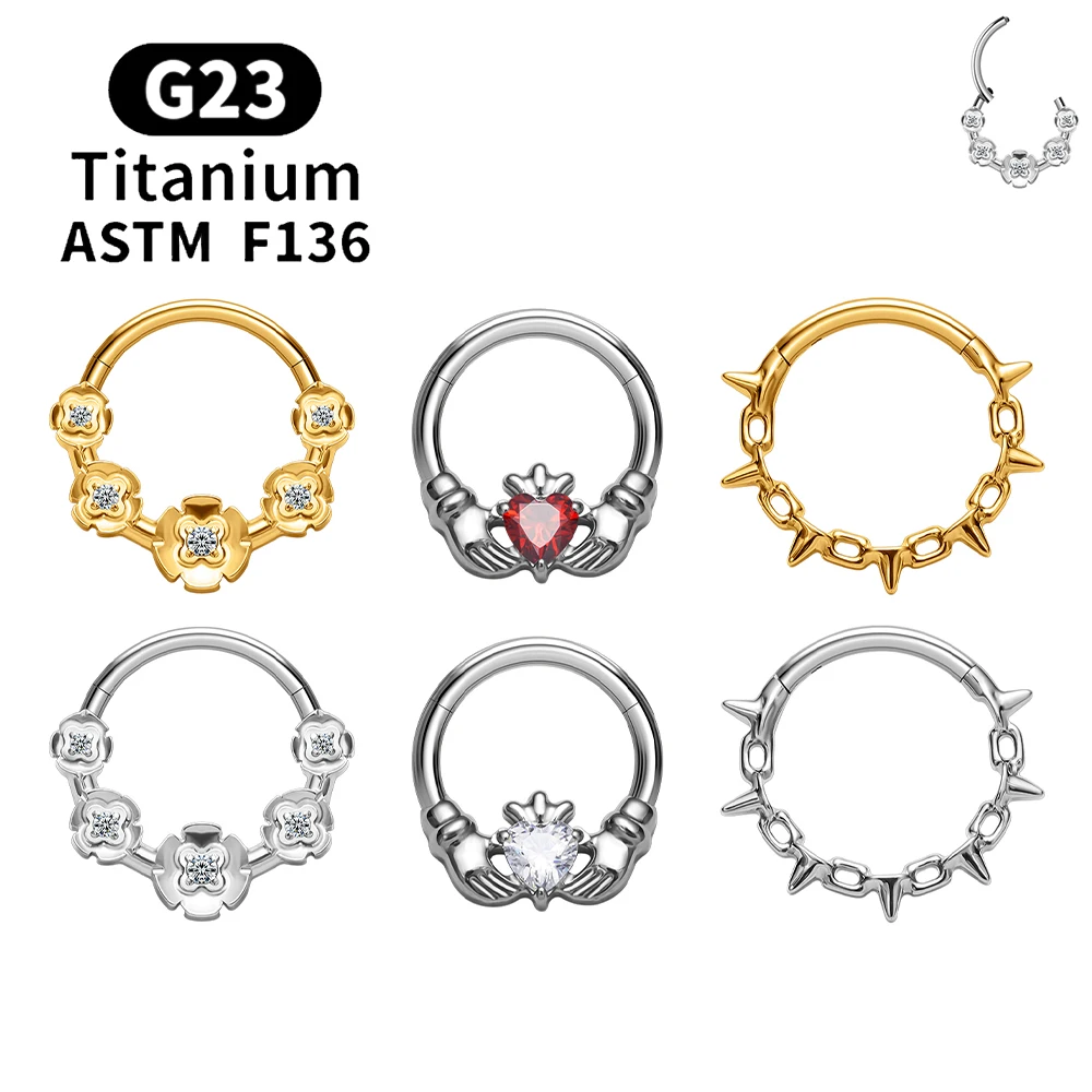 

G23 Ttianium Piercing Septum Nose Rings Hoops Heart CZ 16G Hinged Clicker EAR Cartilage Tragus Helix Daith PIERC Body Jewelry