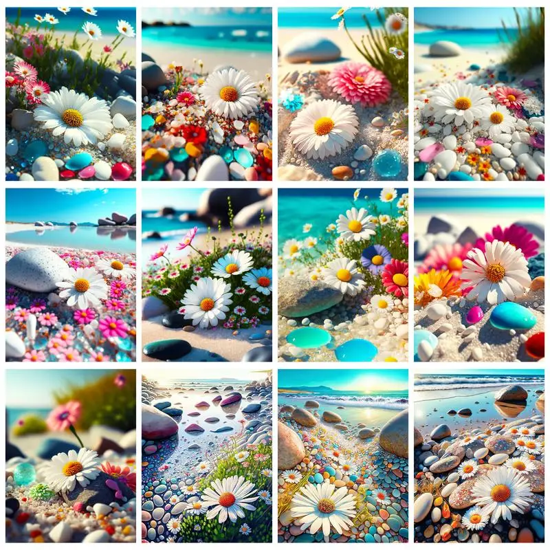 

RUOPOTY Full Round/Square Diamond Painting Beach Flower Cross Stitch Diamond Embroidery Landscape Rhinestones Handicrafts