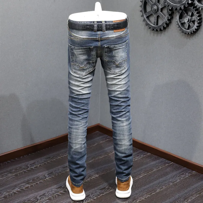 Italian Style Fashion Men Jeans Retro Washed Blue Stretch Slim Fit Ripped Jeans Men Vintage Designer Casual Denim Pants Hombre