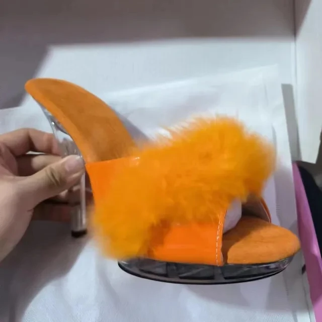 새로운 하이힐 13CM 스트리퍼 슈즈 풍성한 깃털 크리스탈 슈즈 핫 섹시 플랫폼 여성 샌들