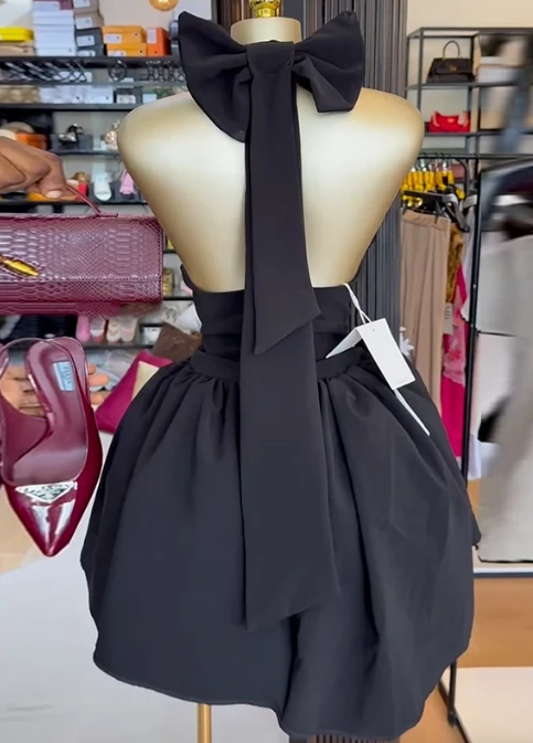 

Womens Dresses 2025 Summer New Style V-Neck Hanging Neck Butterfly Decor High Waist Ruched Backless Daily Casual Mini Dress