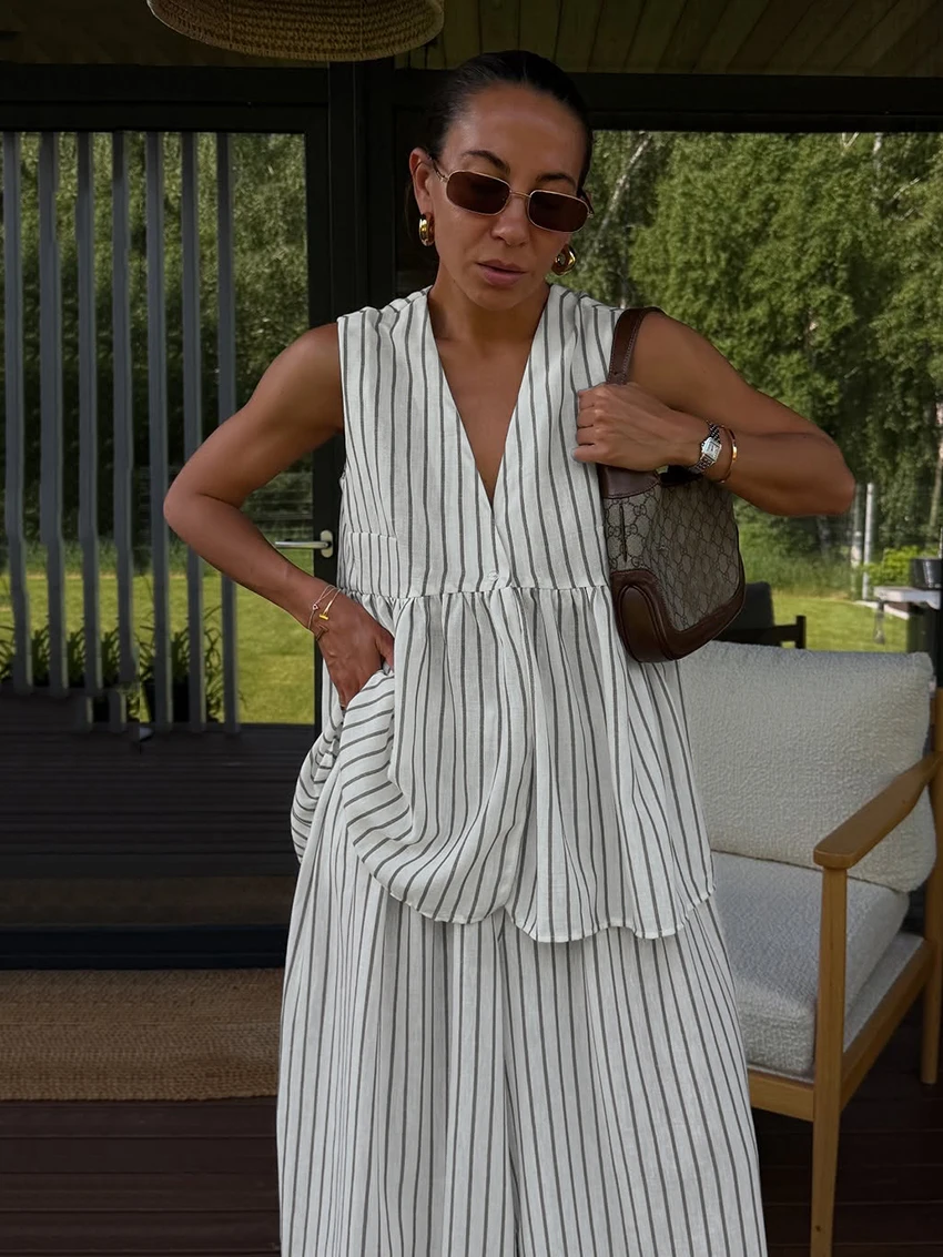 Marthaqiqi Striped Female Nightgowns Set V-Neck Sleepwear Sleeveless Pajamas Backless Nightie Pants Loose Women'S Nightwear Suit
