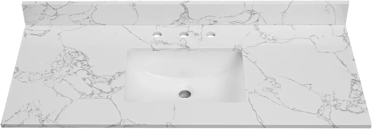 with Undermount Rectangular Middle Sink, Vanity Countertop with 8 inch Faucet Hole Spacing and Backsplash in Lightning White