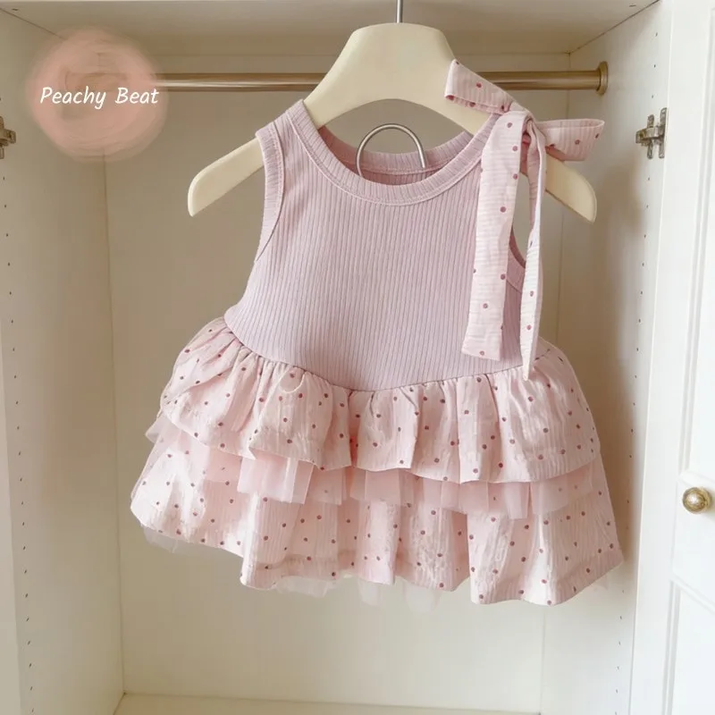 Baby Girl Princess Cotton Polka Dot Bow Dress Sleeveless Infant Toddler Child Vintage Tulle Vestido Summer Baby Clothes 0-3Y