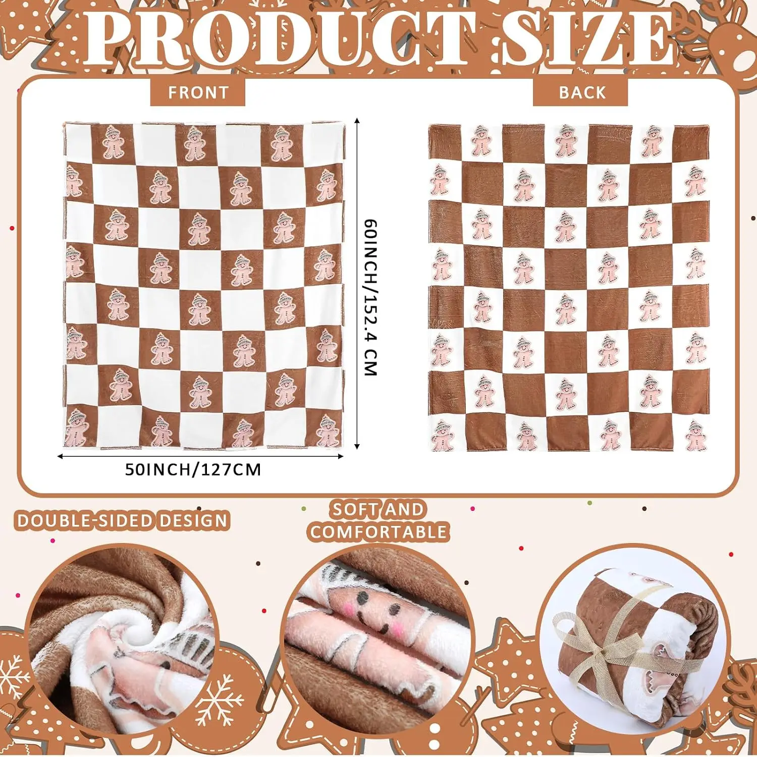 Tingjoo Gingerbread Throw Blanket White Brown, Fuzzy Flannel 60x50 Inch